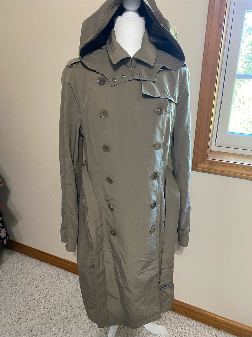 BCBGMaxAzria Olive Green Hooded Double-Breasted Trench Coat